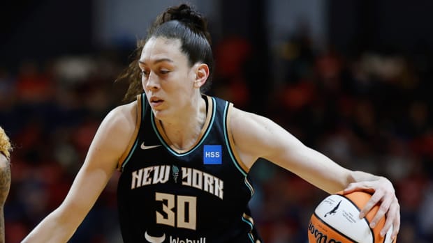 Liberty forward Breanna Stewart dribbles the ball against the Mystics.